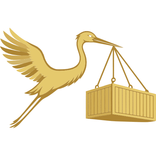 Graphic icon illustrating a gold great blue heron in flight carrying a gold 20-foot shipping container. Clean drawing style.