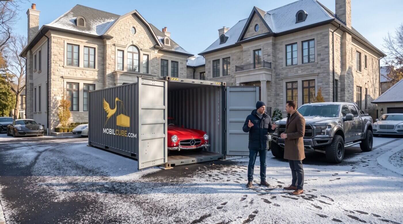 MobilCube mobile storage unit set up in a Quebec residential driveway for secure classic car winter storage.