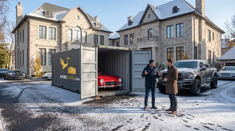 Unité d'entreposage mobile MobilCube installée dans une entrée résidentielle au Québec pour l'hivernage sécurisé d'une voiture de collection classique.