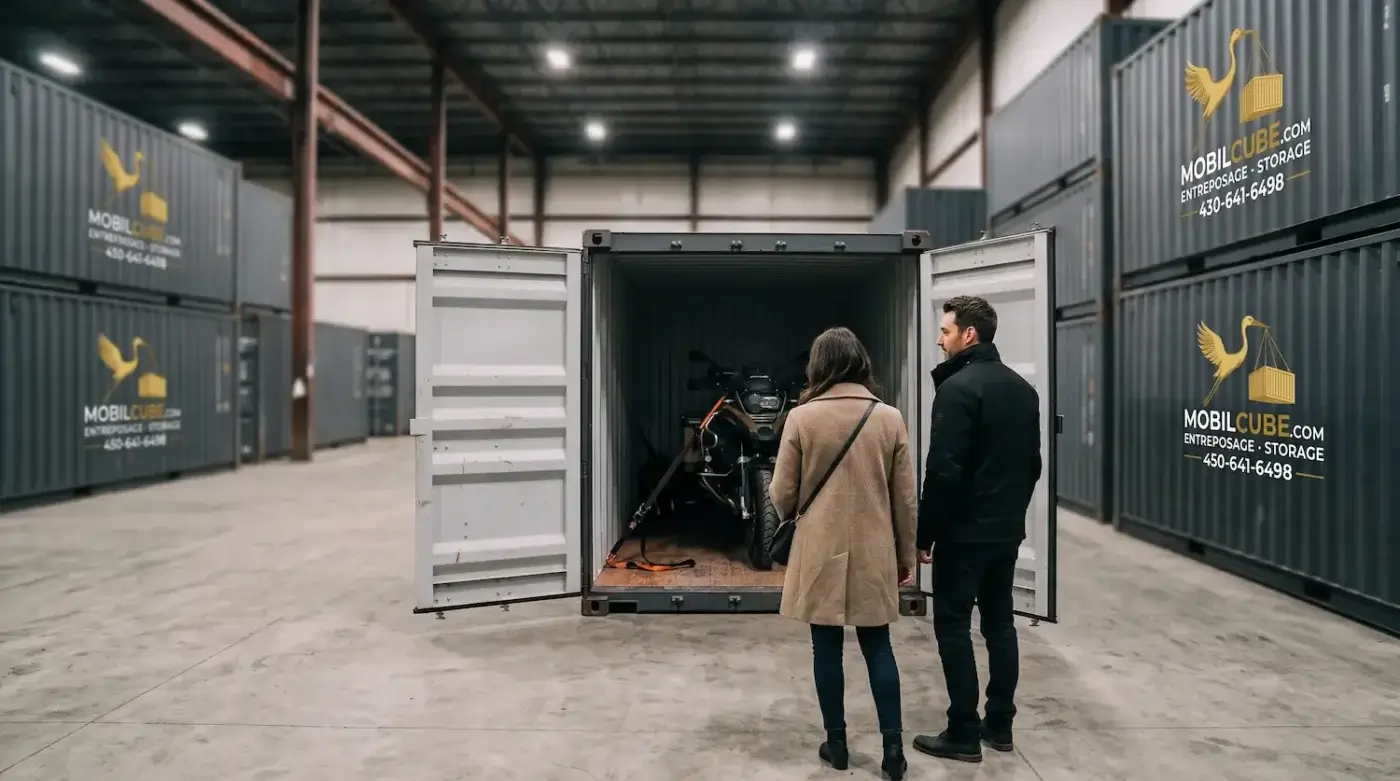 Un couple observe sa moto solidement amarrée et sécurisée à l'intérieur d'une unité de stockage MobilCube dans notre vaste entrepôt intérieur à Boucherville.
