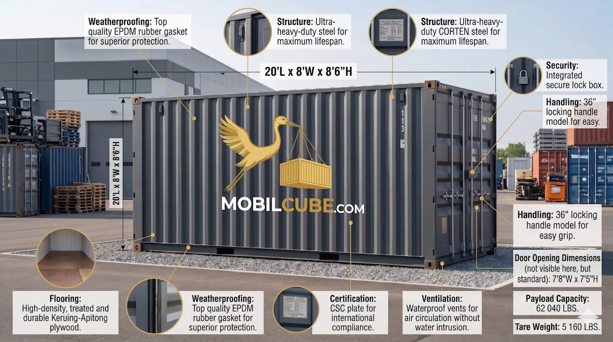 Technical blueprint of a 20ft MobilCube unit detailing exterior dimensions, payload capacity, and high-grade security features.