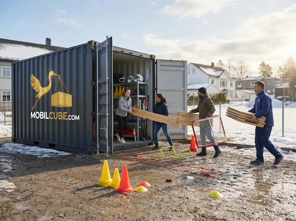 Sports team loading equipment into a CORTEN steel MobilCube container on a muddy and snowy field.