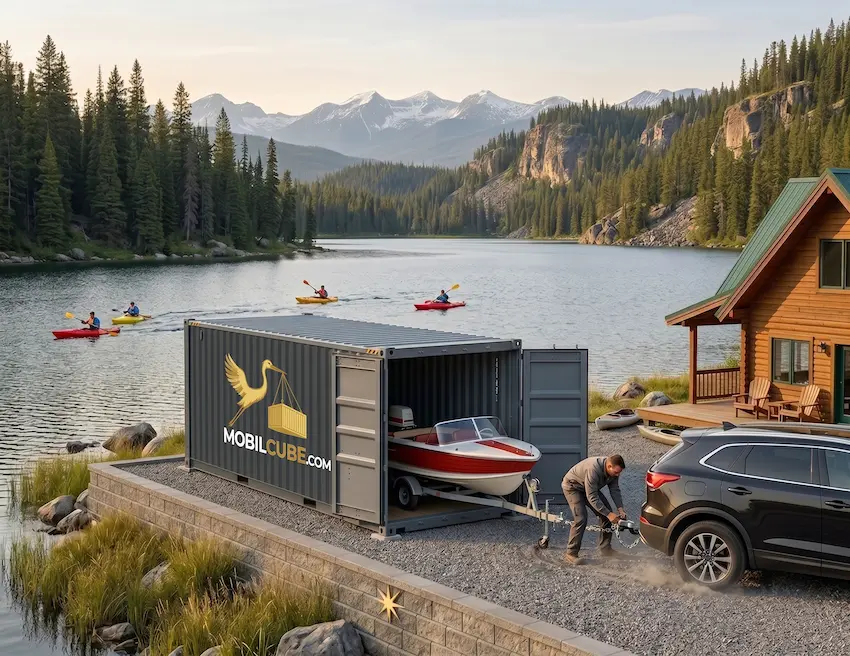 Illustrative MobilCube unit used for winterizing a vintage boat and SUV at a lakeside cabin setting in autumn.