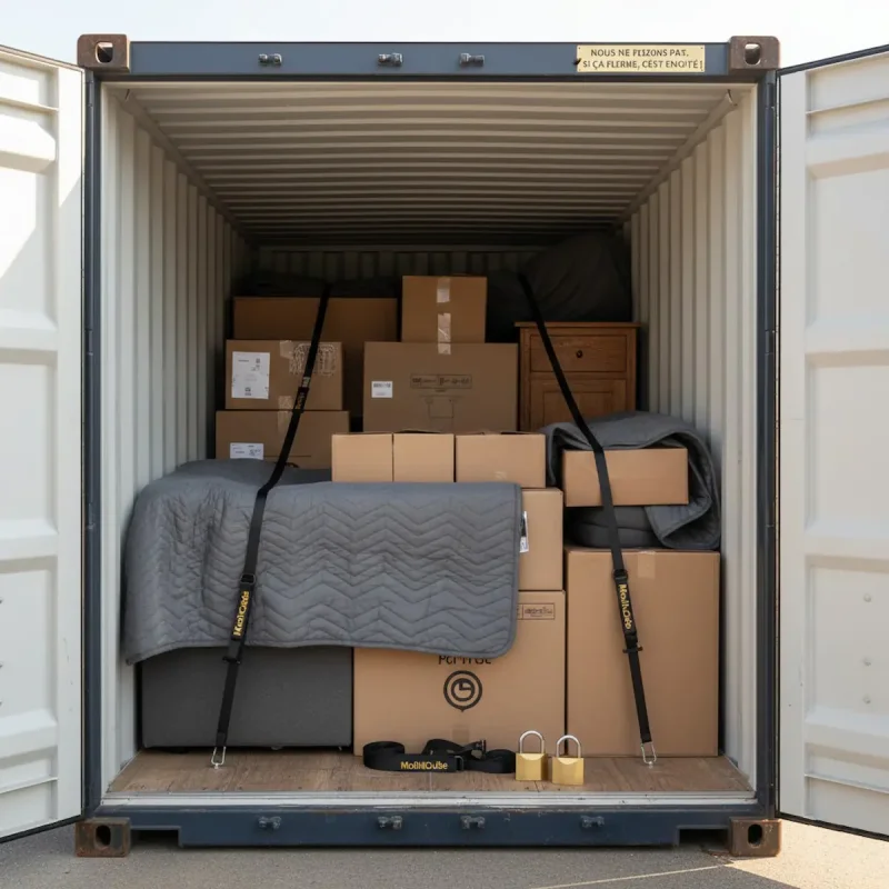 Home furniture and cardboard boxes secured with straps and moving blankets inside an illustrative MobilCube container.