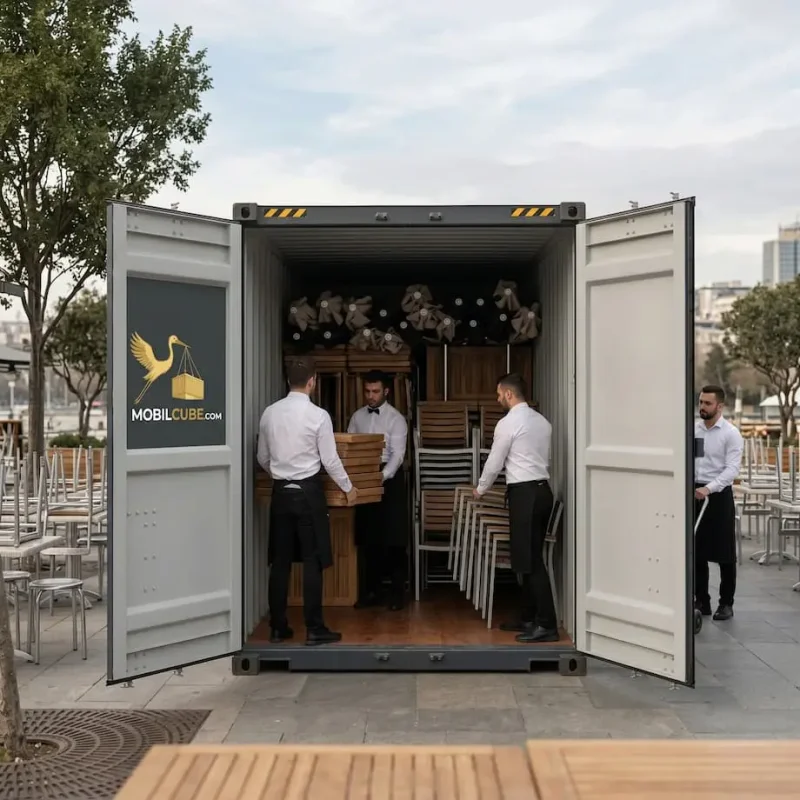 Uniformed staff storing patio furniture and chairs inside an illustrative MobilCube container in an urban setting.