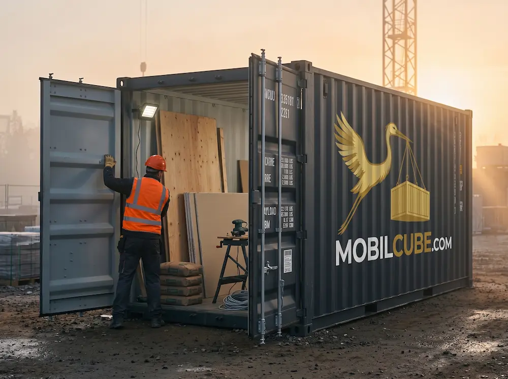 Construction worker storing lumber and heavy tools inside an illustrative MobilCube in the morning mist at dawn.