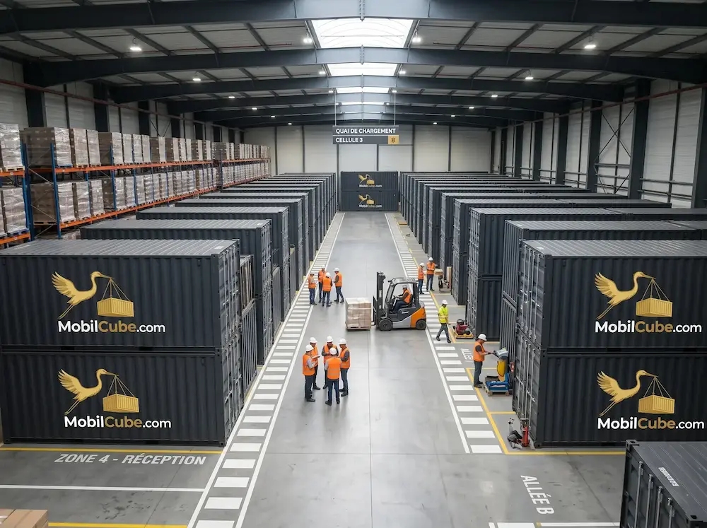 : Aerial view of a heated warehouse with rows of illustrative MobilCube containers featuring the company logo and workers with forklifts.
