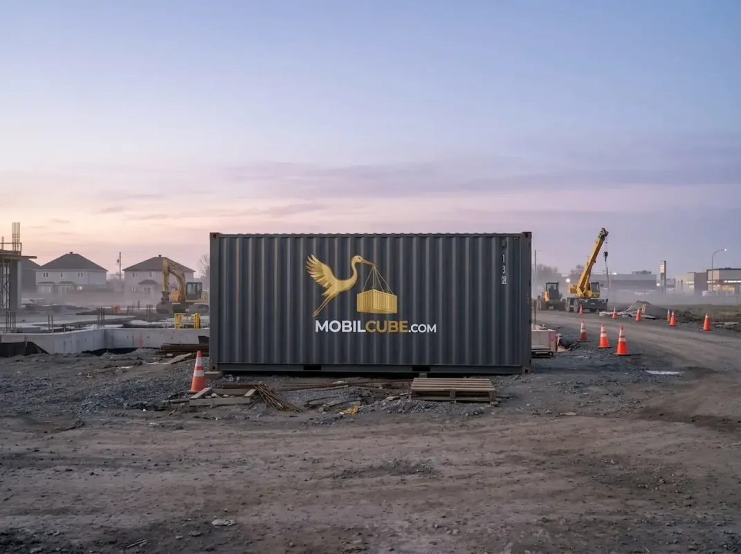 Illustrative charcoal grey CORTEN steel MobilCube unit secured on a construction site in the morning mist at dawn.