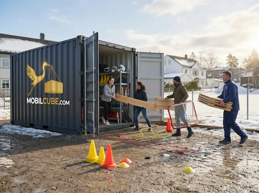 Groupe chargeant du matériel de sport d'hiver (Hockey) dans une unité MobilCube de 160 pieds carrés à Kirkland.