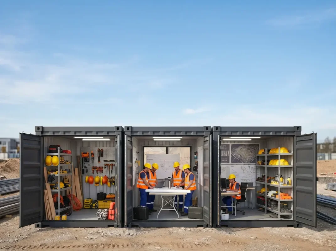 Trois unités MobilCube configurées en centre d'opérations sur un chantier à Vaudreuil-Dorion, incluant une zone de travail avec plans et stockage d'EPI.