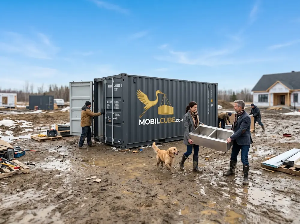 Propriétaires transportant un évier de cuisine depuis leur unité MobilCube sur un vaste chantier de construction résidentielle à Candiac.