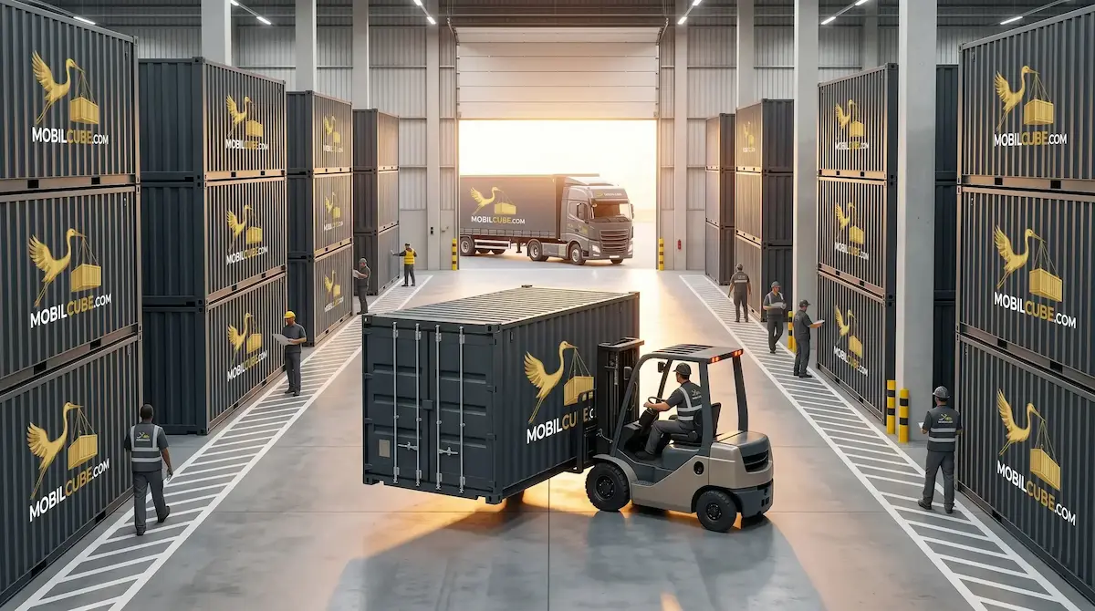 Plusieurs unités MobilCube organisées dans un centre d'entreposage moderne pour du stockage longue durée.