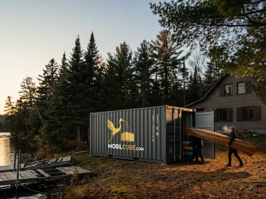 Personnes rangeant un canot en bois dans une unité MobilCube au bord d'un lac en Montérégie avant la période hivernale.