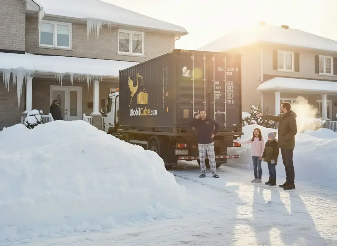Deux voisins discutant sur une entrée mal déneigée à Boucherville, illustrant les défis de livraison d'un conteneur MobilCube en hiver.