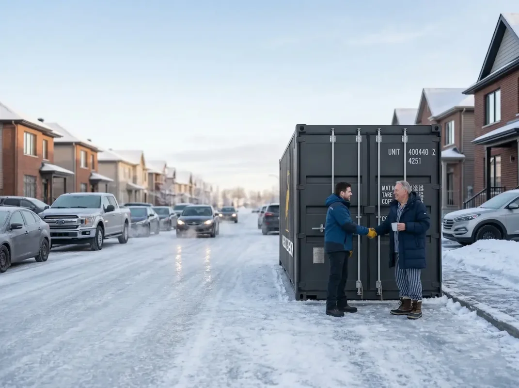 A customer in pajamas and a MobilCube driver shake hands in front of a container on a snowy street.