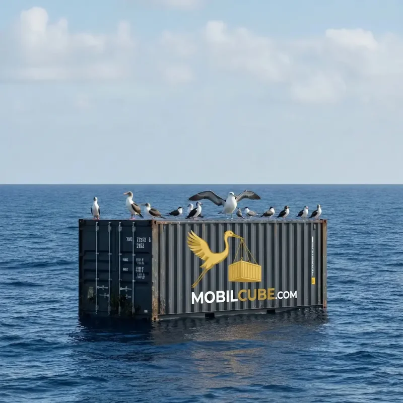 A MobilCube container floating on the ocean with seabirds perched on its roof.