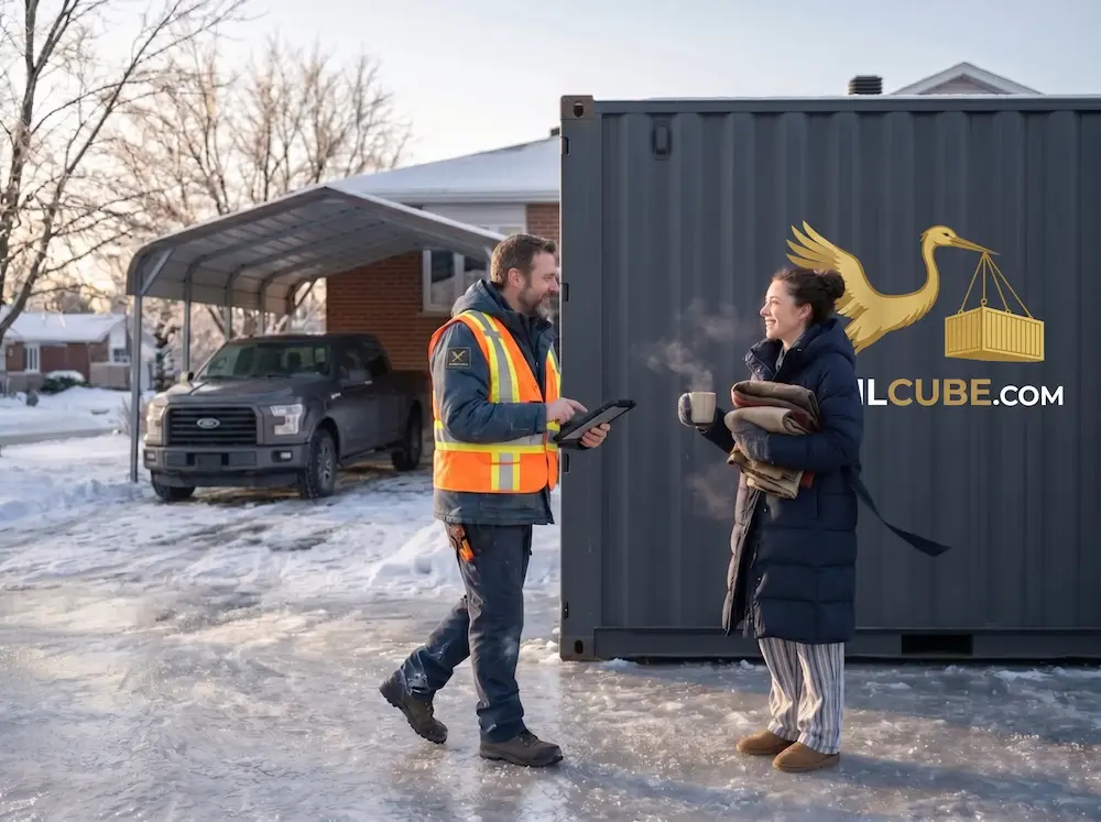 : A customer in pajamas and a winter coat talks with a MobilCube driver in front of a container on an icy driveway.