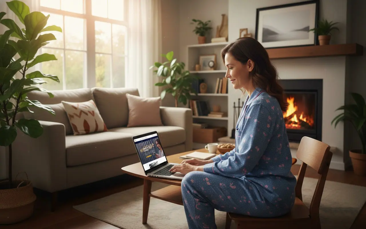 Une femme en pyjama bleu utilise son ordinateur portable dans son salon chaleureux pour simuler un prix MobilCube.