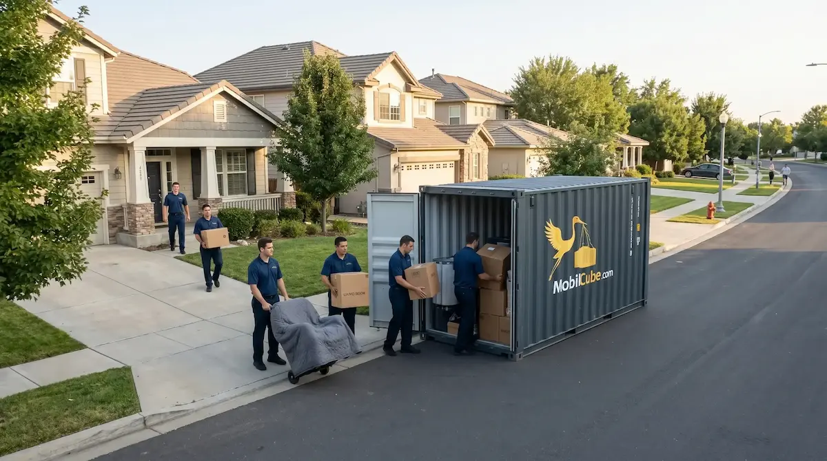 Une équipe de déménageurs professionnels charge un conteneur MobilCube devant une maison de banlieue à Saint-Lambert.