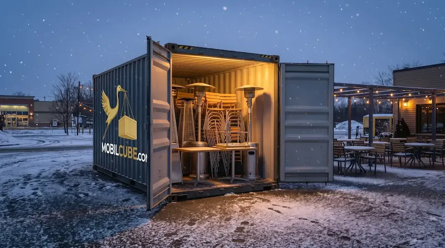 Un conteneur MobilCube ouvert et éclairé stockant du mobilier de terrasse devant un restaurant à Saint-Bruno pendant l'hiver.
