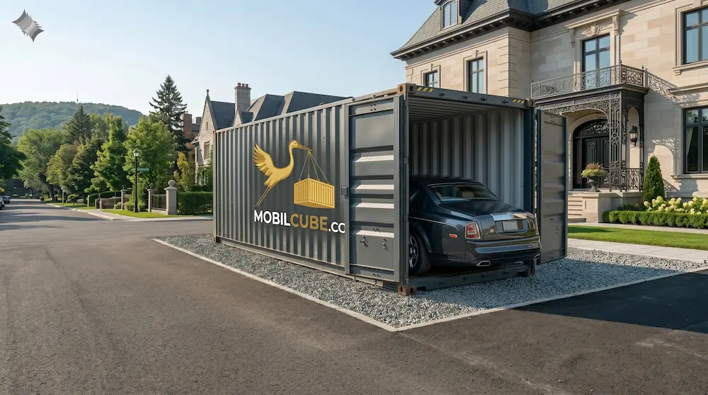 Une voiture de luxe stationnée à l'intérieur d'un conteneur MobilCube Gris Charcoal devant une résidence prestigieuse à Senneville.
