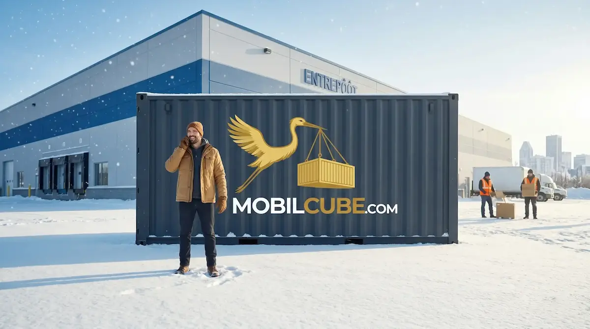 Un employé MobilCube attend un client devant un conteneur au centre d'entreposage de Boucherville en hiver.