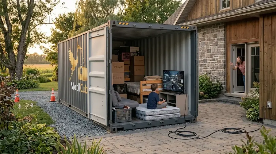 Un adolescent joue aux jeux vidéo à l'intérieur d'un conteneur MobilCube aménagé devant une maison à Marieville pendant un déménagement.
