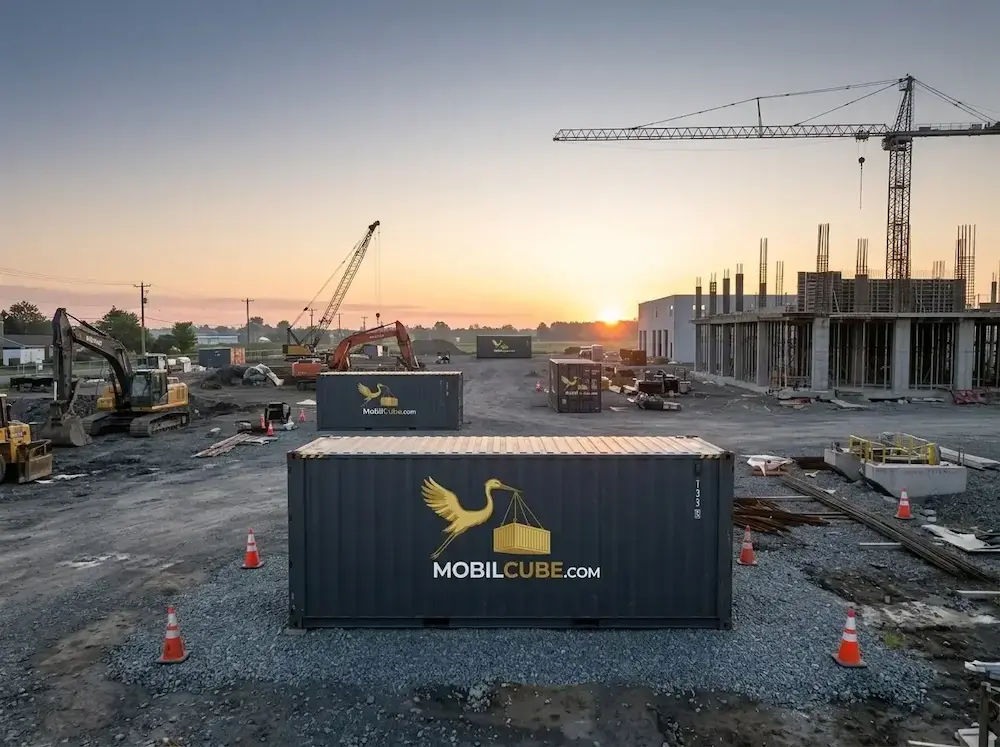 Plusieurs unités MobilCube Gris Charcoal déployées sur un vaste chantier de construction à Dunham au lever du soleil.