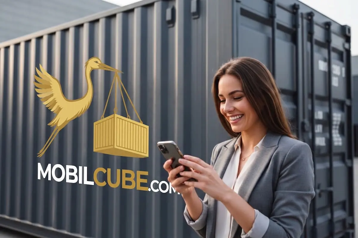 Une femme d'affaires sourit en utilisant son téléphone portable devant un conteneur MobilCube à Kirkland.