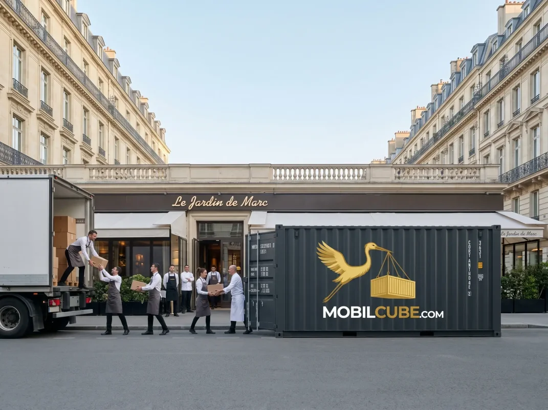 Brigade de serveurs et cuisiniers déchargeant des marchandises d'un camion vers un conteneur MobilCube devant le restaurant Le Jardin de Marc.