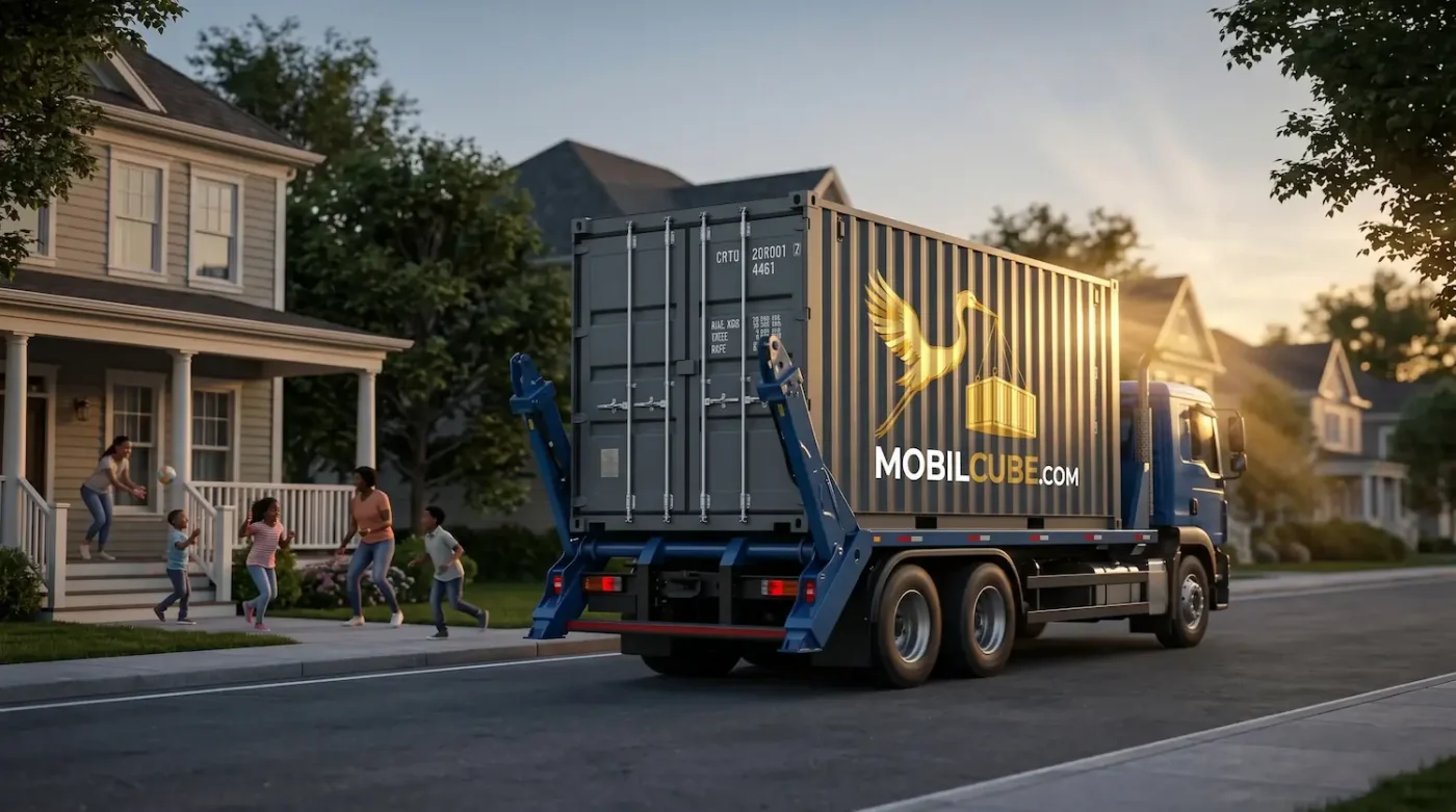 Camion de transport MobilCube quittant un quartier résidentiel avec un conteneur chargé, sous une lumière de fin de journée.