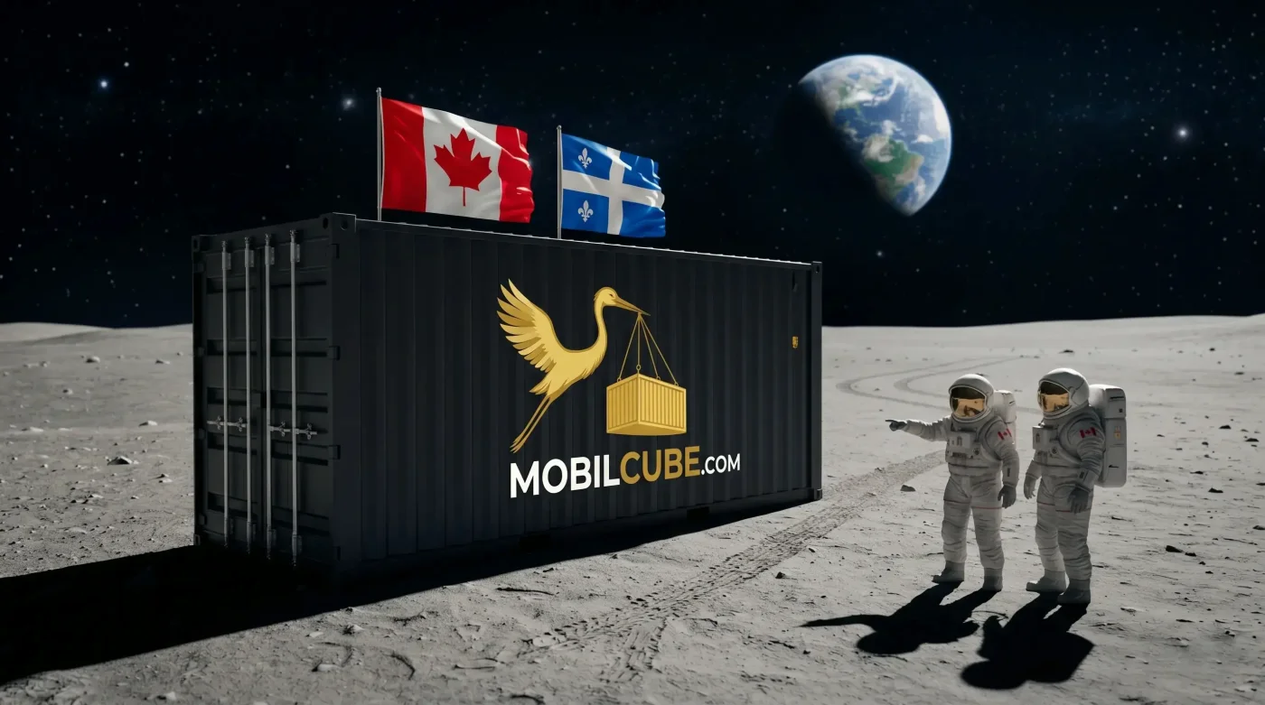 Illustrative MobilCube unit on the moon with astronauts, symbolizing limitless precision delivery.
