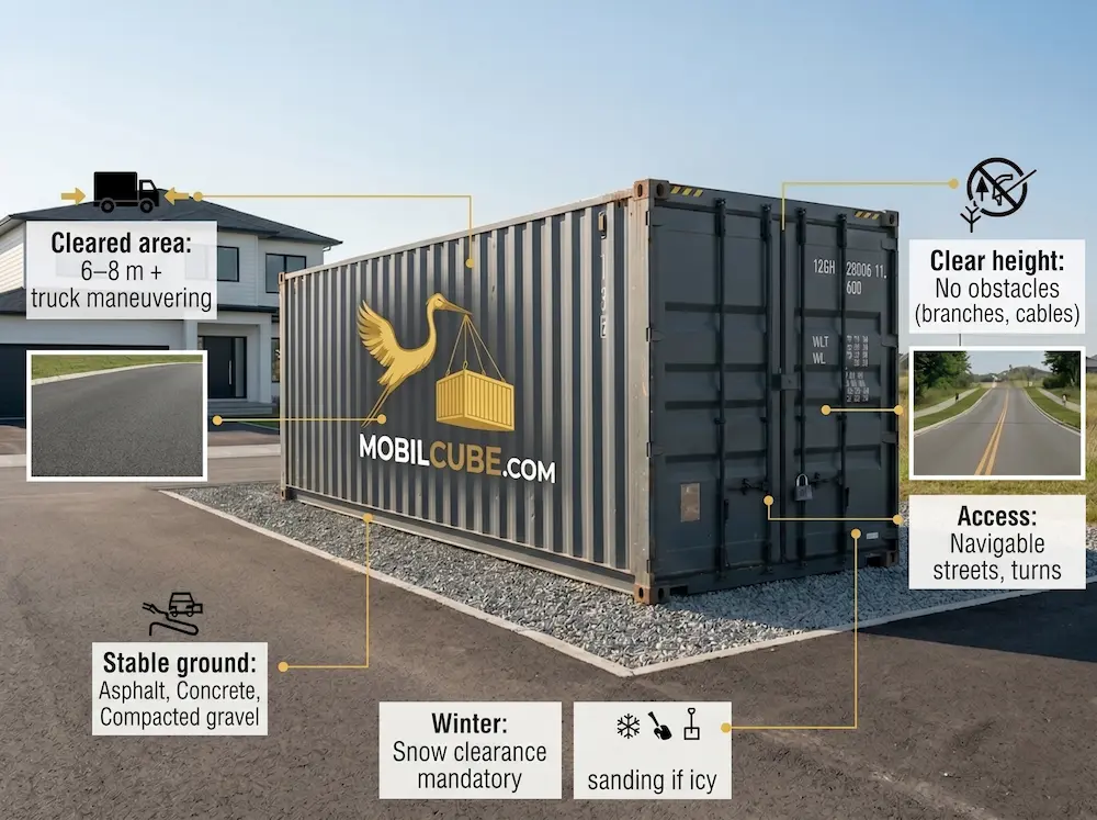 Explanatory infographic of technical prerequisites for installing a MobilCube container.