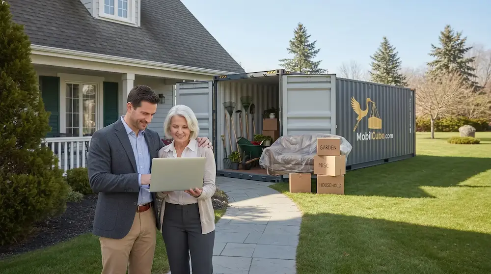 A son helping his mother check municipal permits in front of a MobilCube container filled with gardening tools.