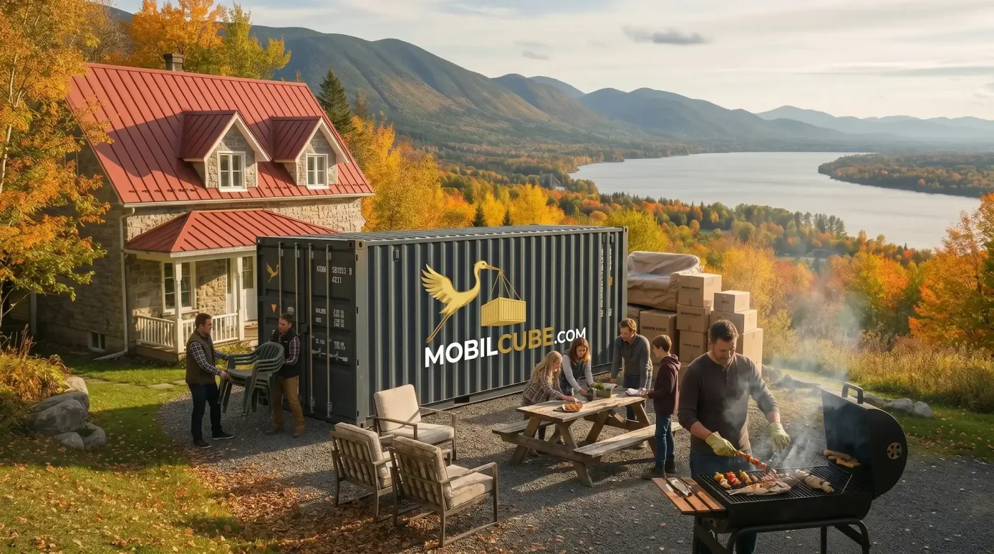A family enjoys a barbecue in front of a cottage and a MobilCube container during a fall move.