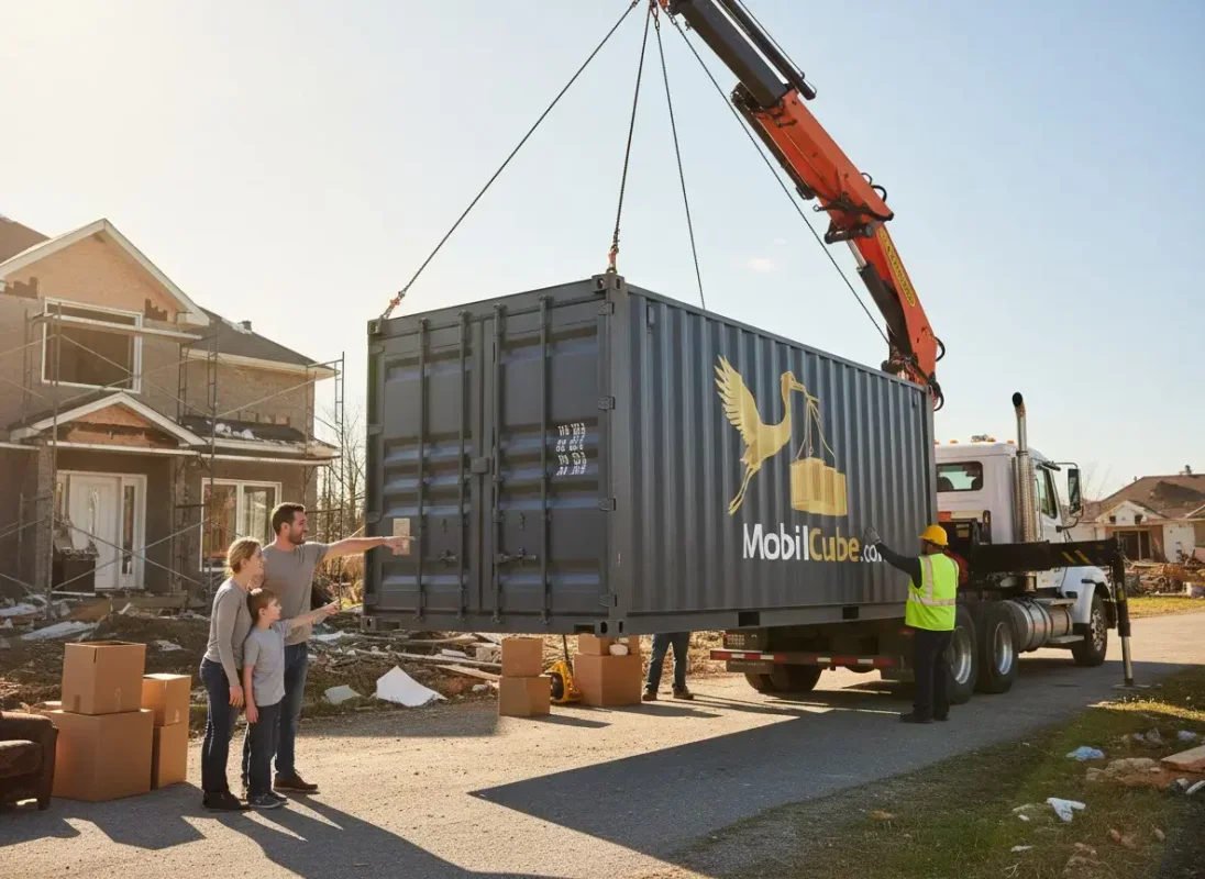 A crane lowers a MobilCube container in front of a damaged house while a family watches in Saint-Mathias-sur-Richelieu.