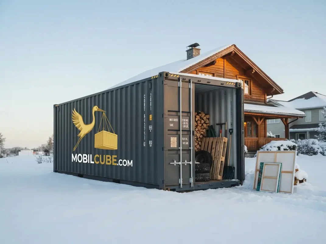 A Charcoal Grey MobilCube container open in front of a log cabin in Saint-Sauveur during winter, containing wood and canvases.
