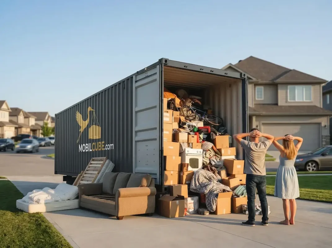 A couple looking at a MobilCube container filled with boxes and furniture in front of a house in Candiac.