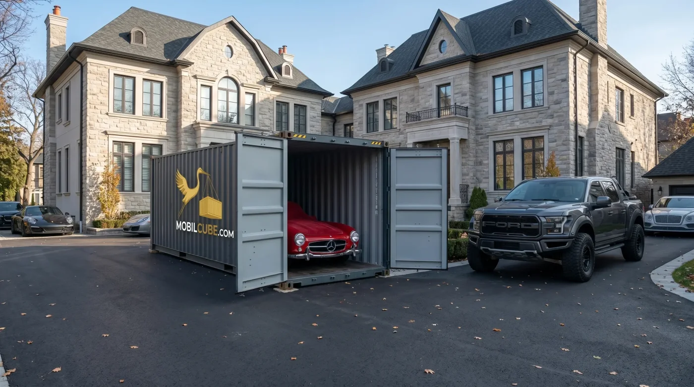 Storage of a vintage red car in a MobilCube unit in front of a luxurious Senneville estate.