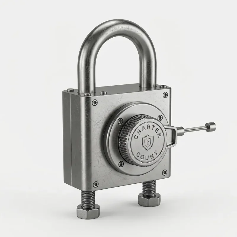 Close-up of a high-security brushed steel padlock with a Charter County circular mechanism.
