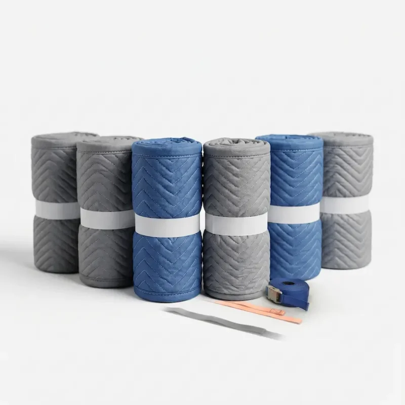 Set of six moving protection blankets, quilted in grey and blue, arranged on a white background.