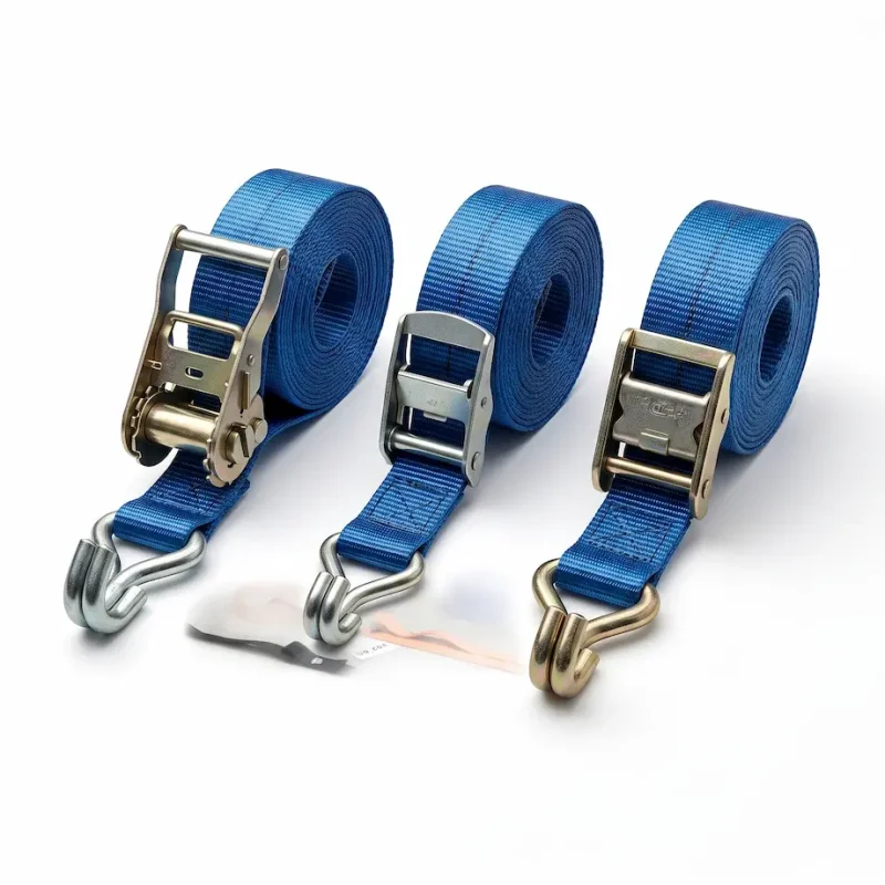 Set of three blue ratchet tie-down straps with heavy-duty metal hooks on a white background.