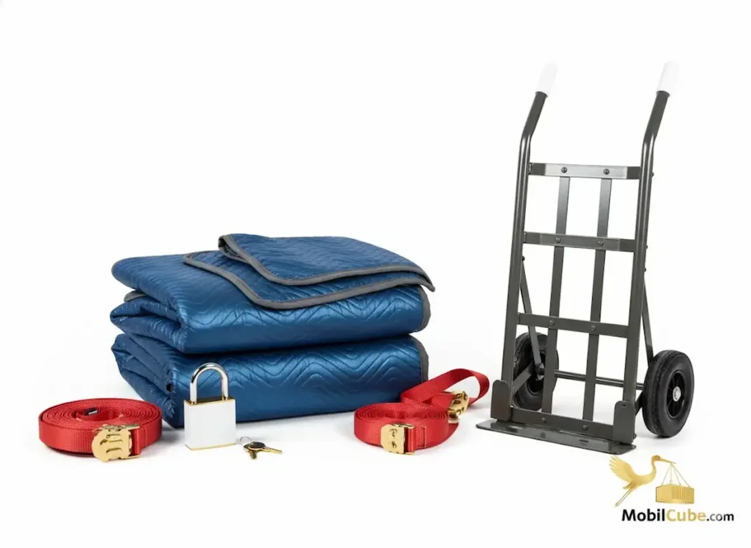 Complete moving accessory kit including hand truck, blankets, straps, and high-security padlock.