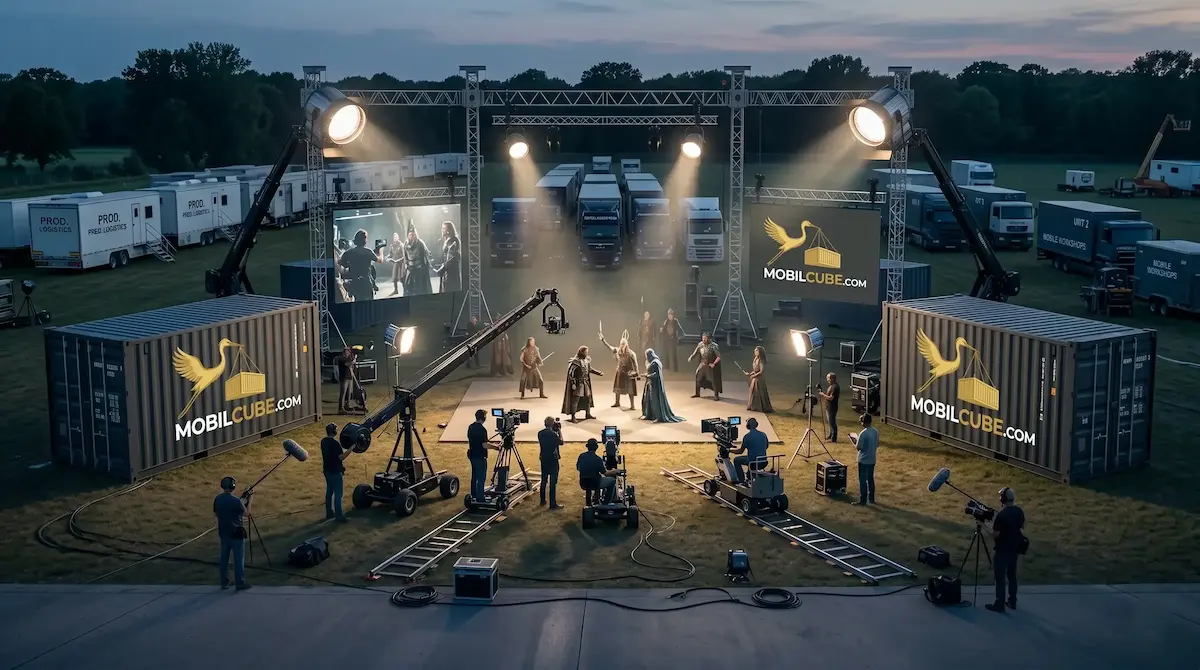: A professional cinema film set in Knowlton using MobilCube units for logistics and costume storage.
