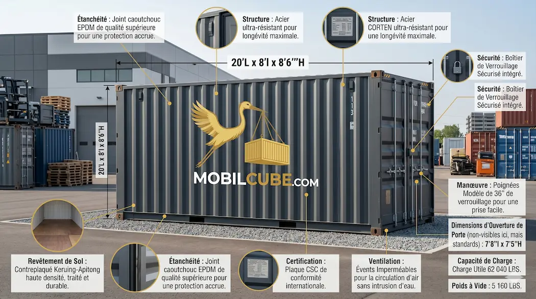 Schéma technique d'un conteneur MobilCube de 20 pieds montrant les dimensions intérieures, le volume de 33 m³ et les dispositifs de sécurité.
