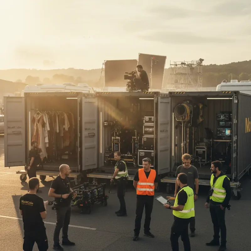 Équipe de production cinématographique utilisant trois conteneurs MobilCube illustratifs pour les costumes et le matériel technique sur un plateau de tournage.