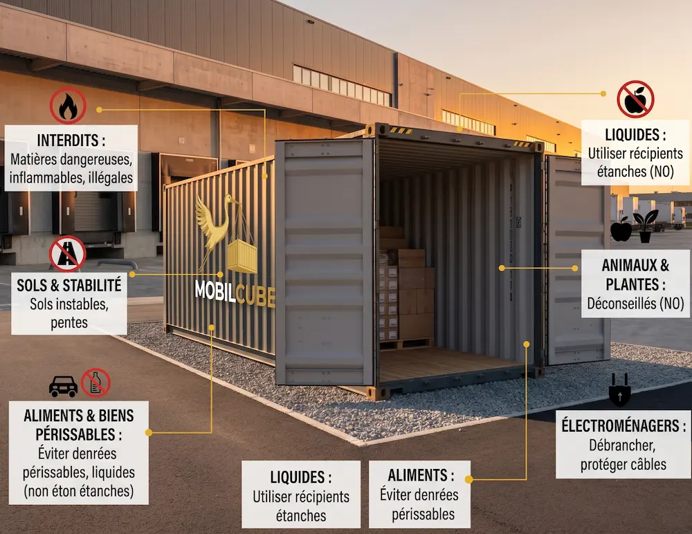 Infographie des règles d'or de MobilCube montrant les interdictions (matières dangereuses, aliments) et conseils pour l'entreposage sécurisé.