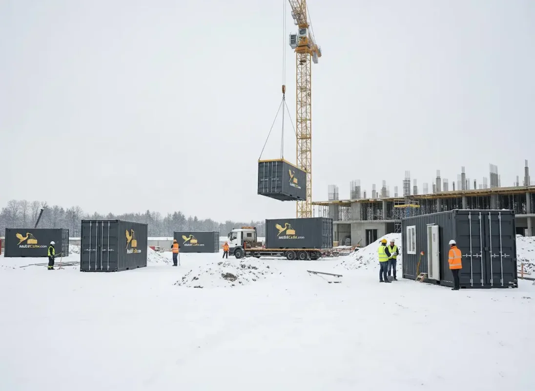 Chantier de construction enneigé au Québec avec une grue déplaçant des conteneurs MobilCube illustratifs.