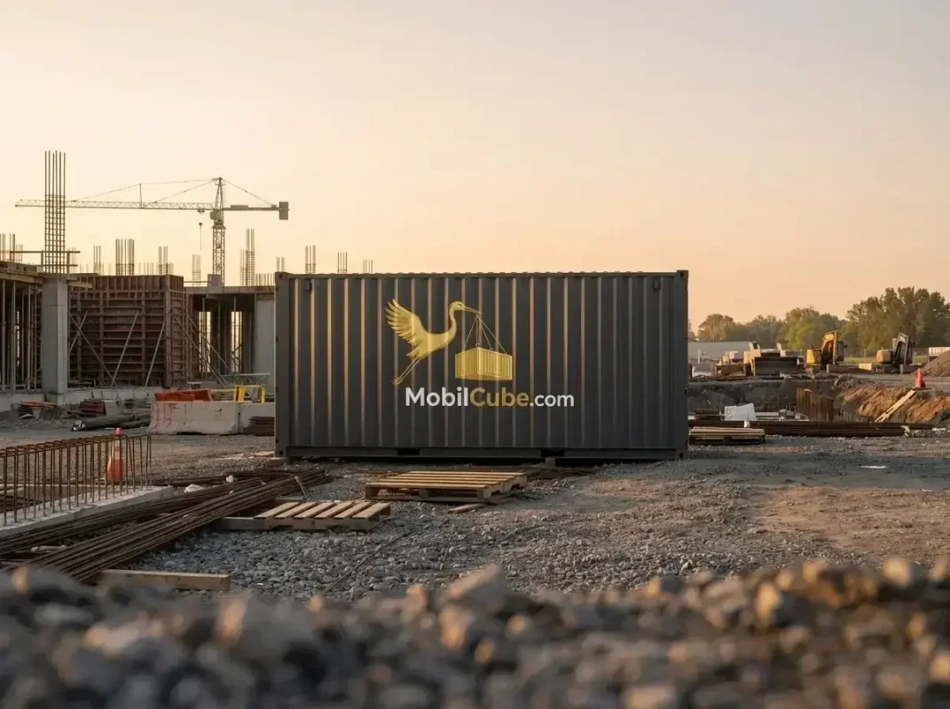 Unité MobilCube illustrative en acier CORTEN sur un chantier de construction baigné par la lumière de l'aube, symbolisant l'entreposage durable.