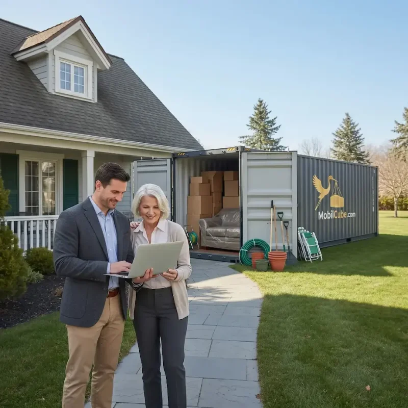An aunt with white hair and her nephew check their MobilCube service status on a laptop in front of their home in Sainte-Martine.